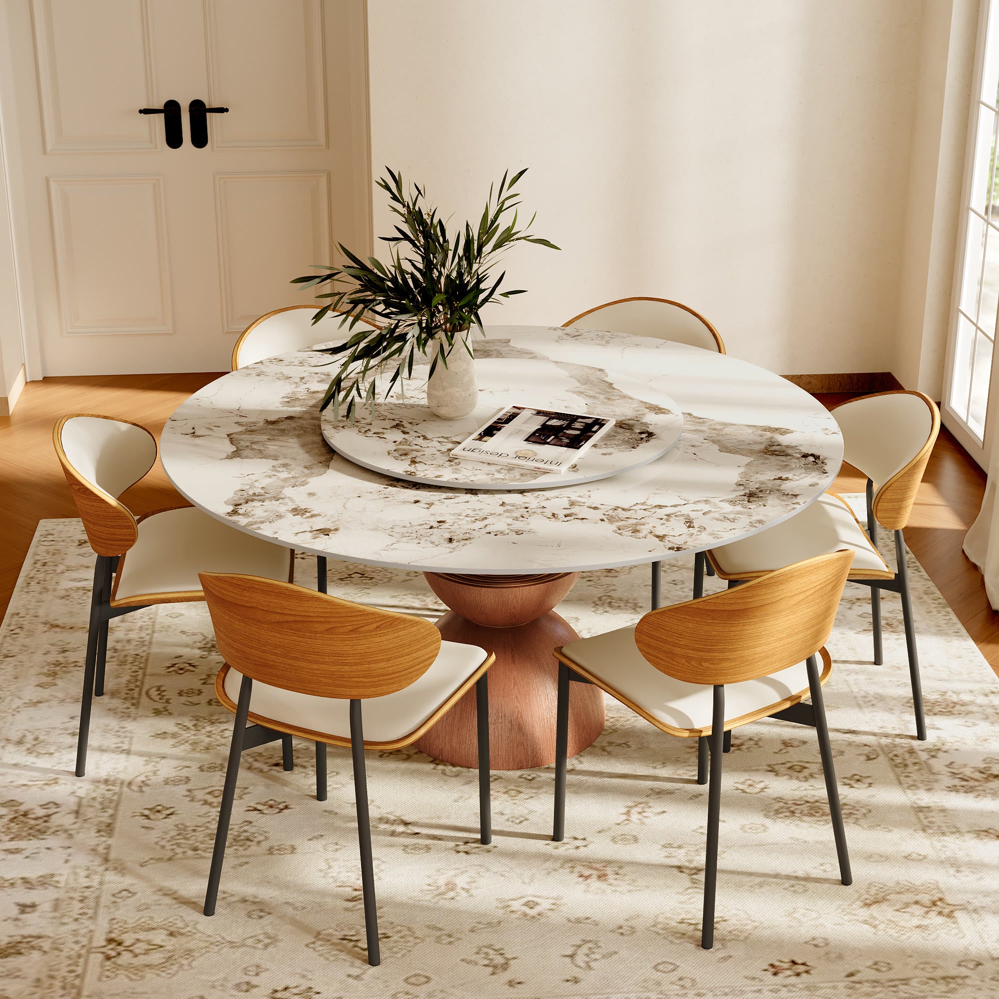 Mira Red Walnut Round Solid Wood Pedestal Dining Table with Pandora Stone Top and Removable Lazy Susan - image 5