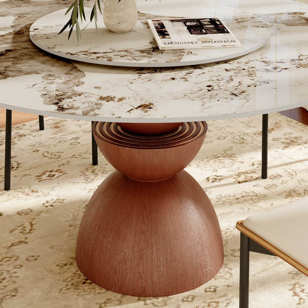 Mira Red Walnut Round Solid Wood Pedestal Dining Table with Pandora Stone Top and Removable Lazy Susan - image 2