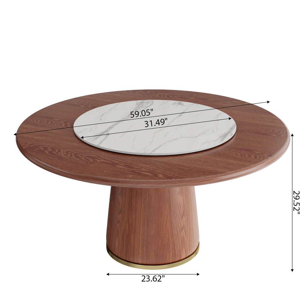 Maris Walnut Round Solid Wood Pedestal Dining Table with Snow White Stone Lazy Susan - image 7