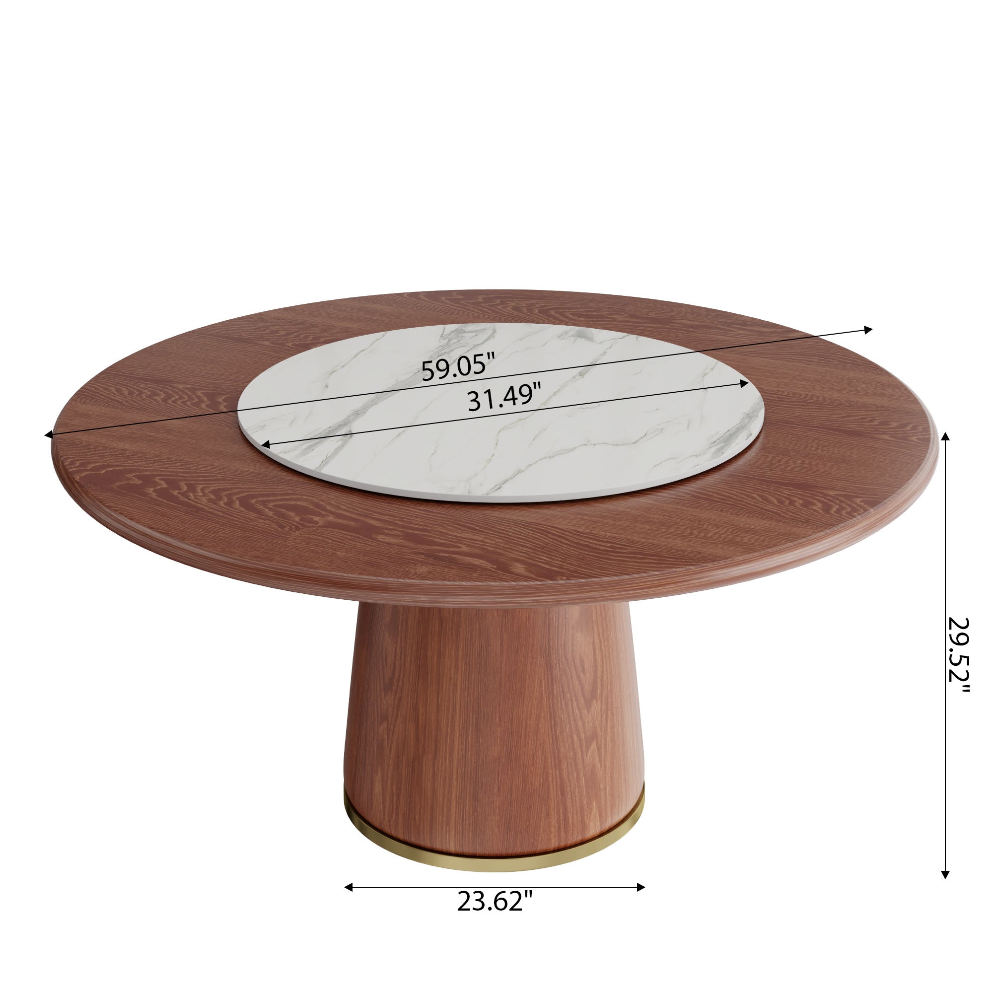 Maris Walnut Round Solid Wood Pedestal Dining Table with Snow White Stone Lazy Susan - image 7