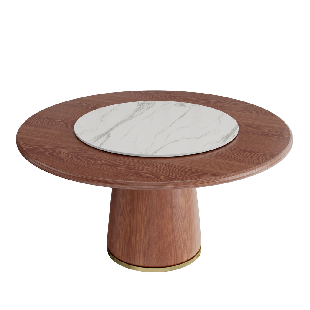 Maris Walnut Round Solid Wood Pedestal Dining Table with Snow White Stone Lazy Susan - image 1
