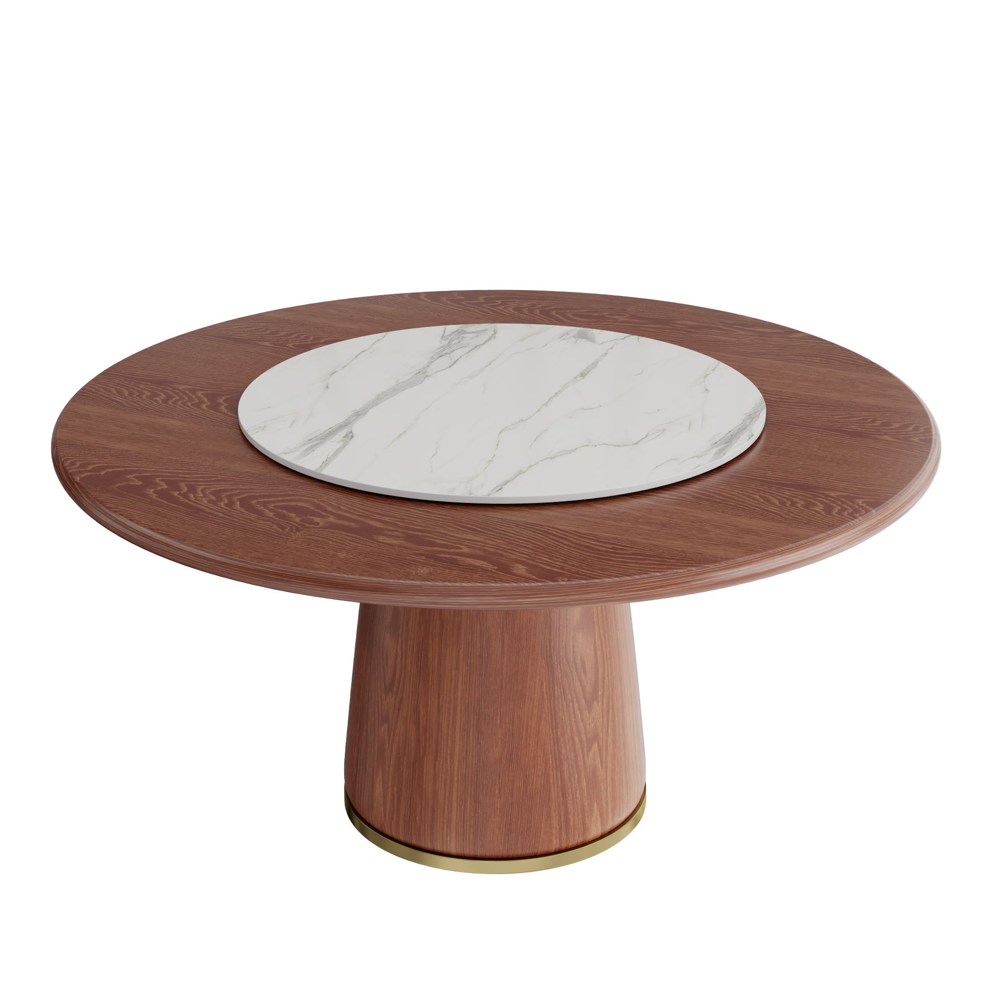 Maris Walnut Round Solid Wood Pedestal Dining Table with Snow White Stone Lazy Susan - image 1