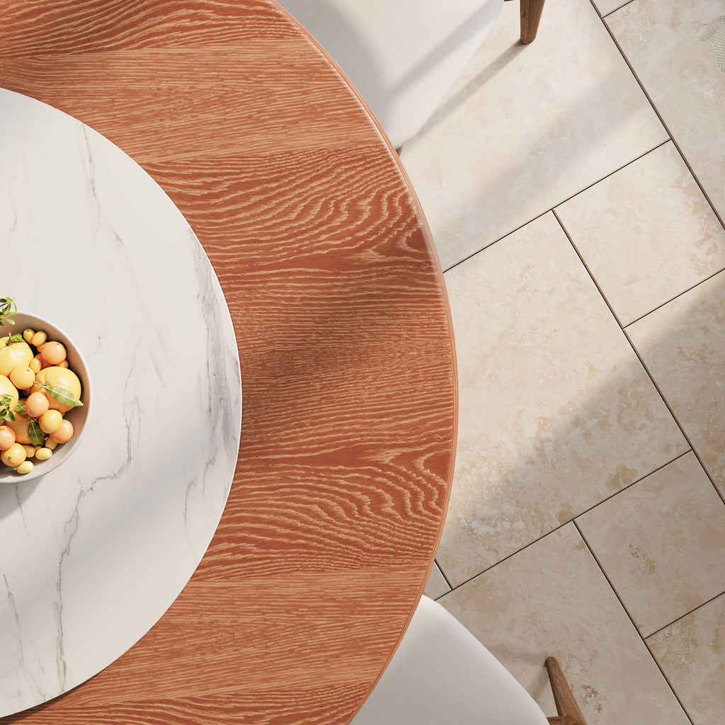 Maris Walnut Round Solid Wood Pedestal Dining Table with Snow White Stone Lazy Susan - image 8