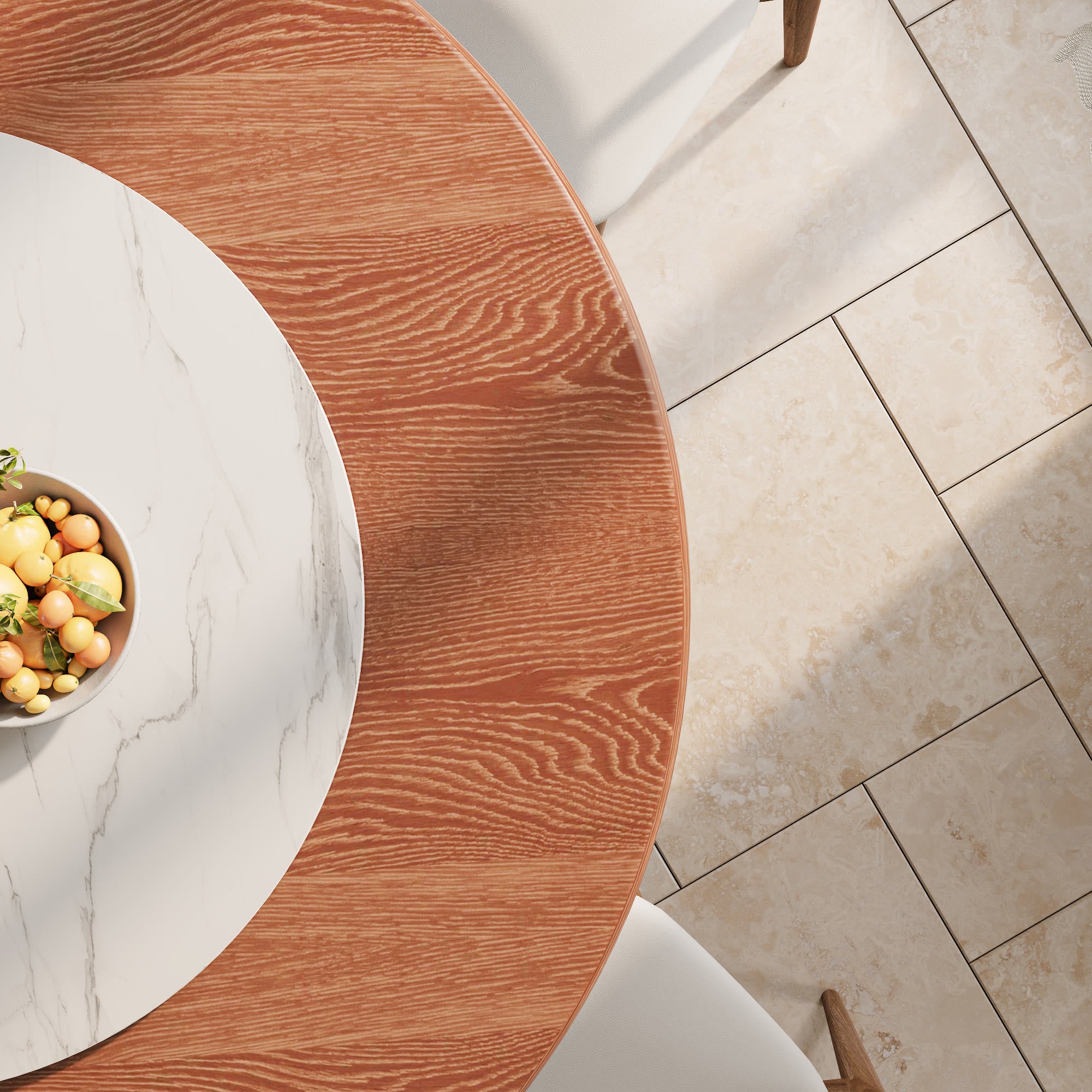 Maris Walnut Round Solid Wood Pedestal Dining Table with Snow White Stone Lazy Susan - image 8