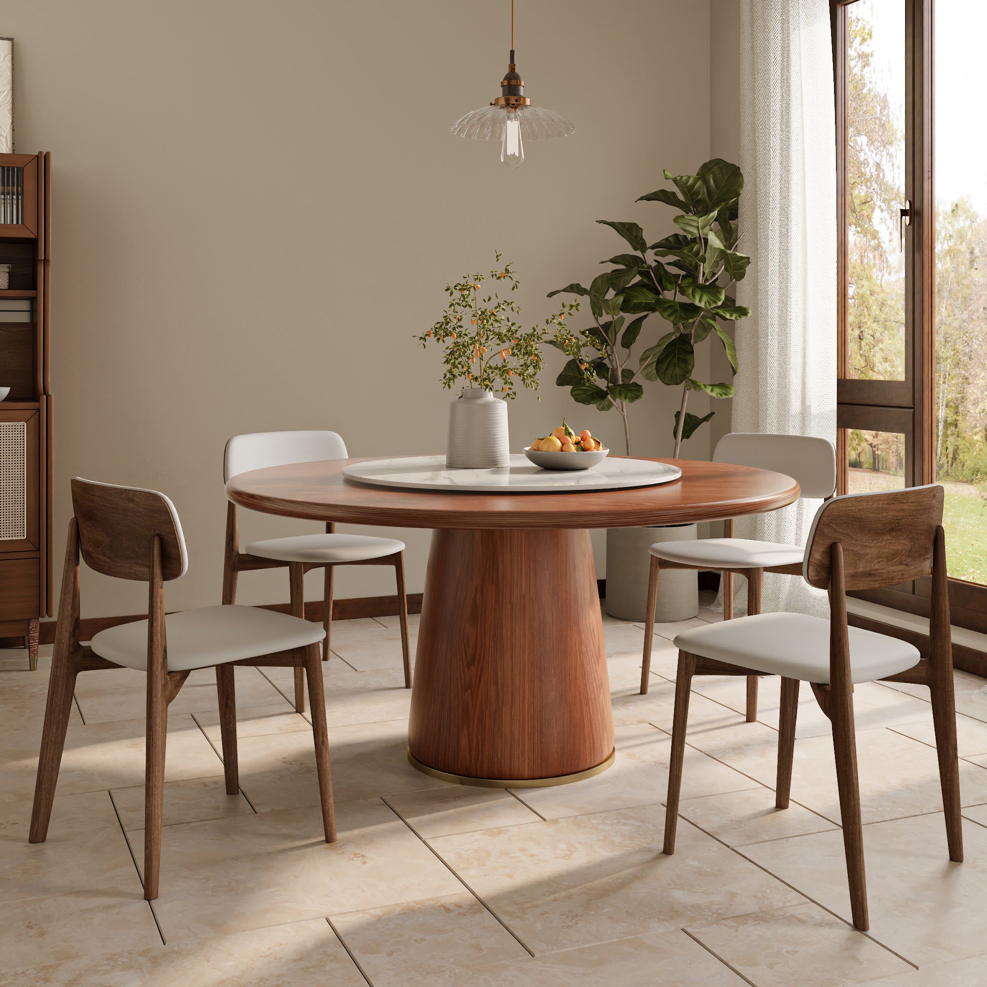 Maris Walnut Round Solid Wood Pedestal Dining Table with Snow White Stone Lazy Susan - image 4