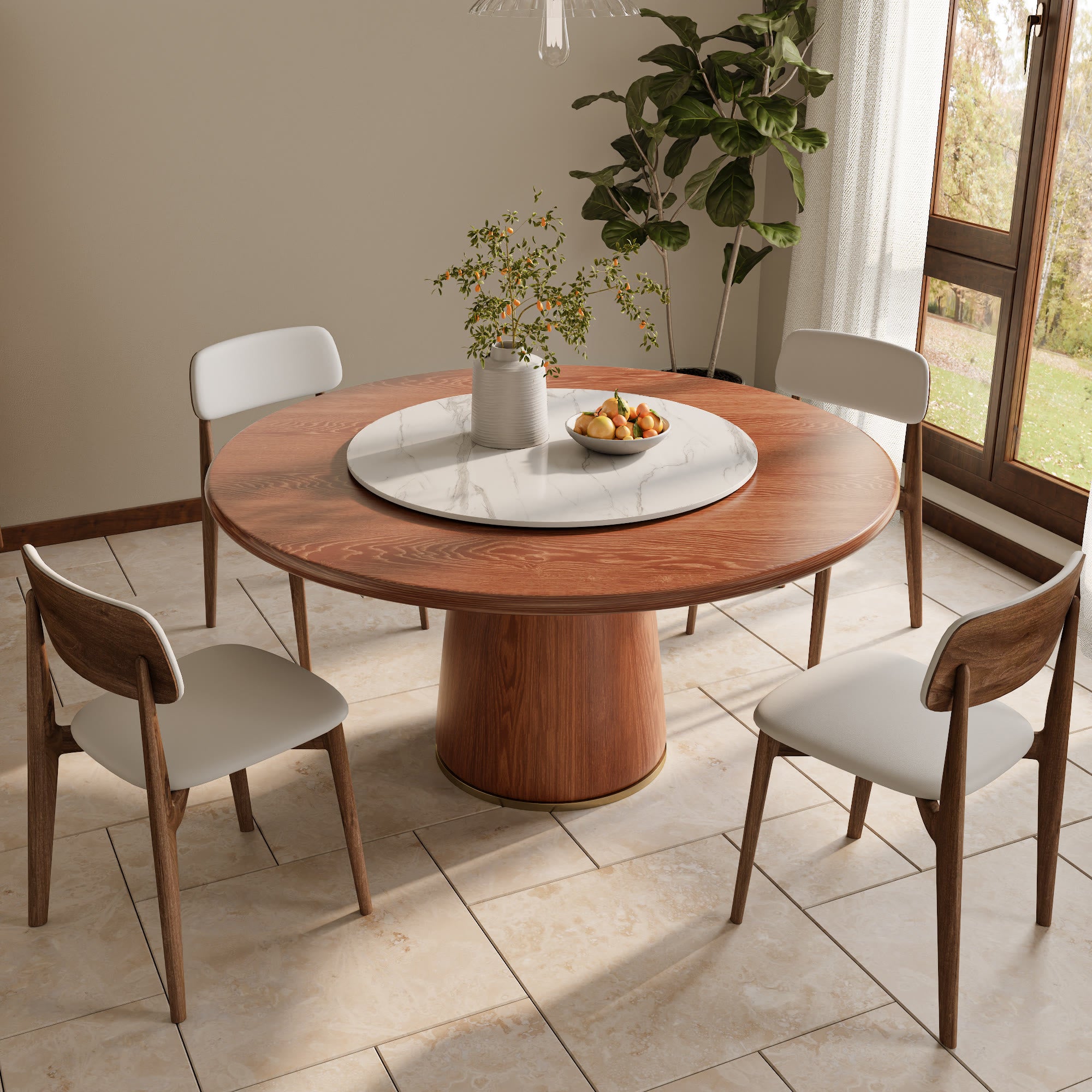 Maris Walnut Round Solid Wood Pedestal Dining Table with Snow White Stone Lazy Susan - image 5