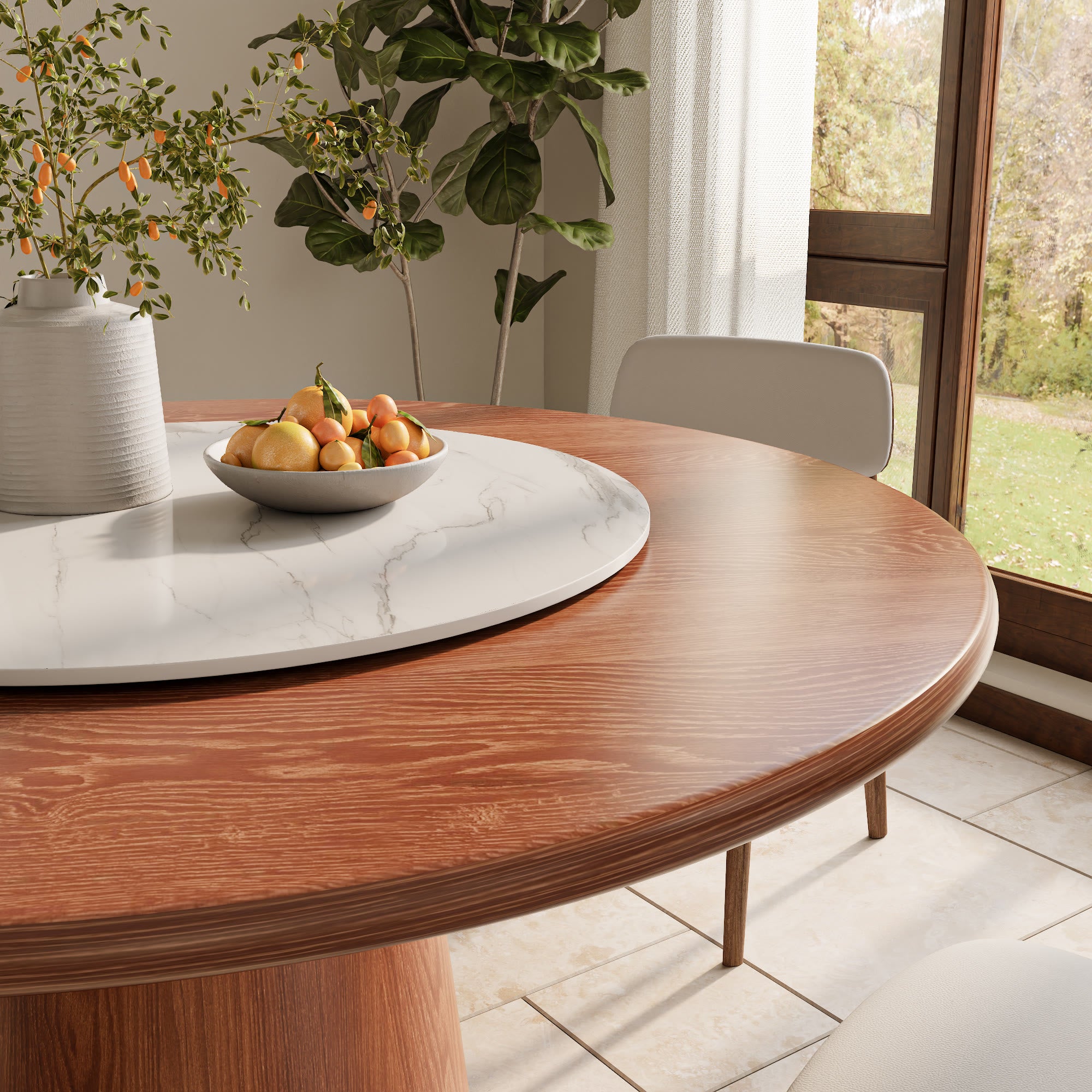 Maris Walnut Round Solid Wood Pedestal Dining Table with Snow White Stone Lazy Susan - image 3