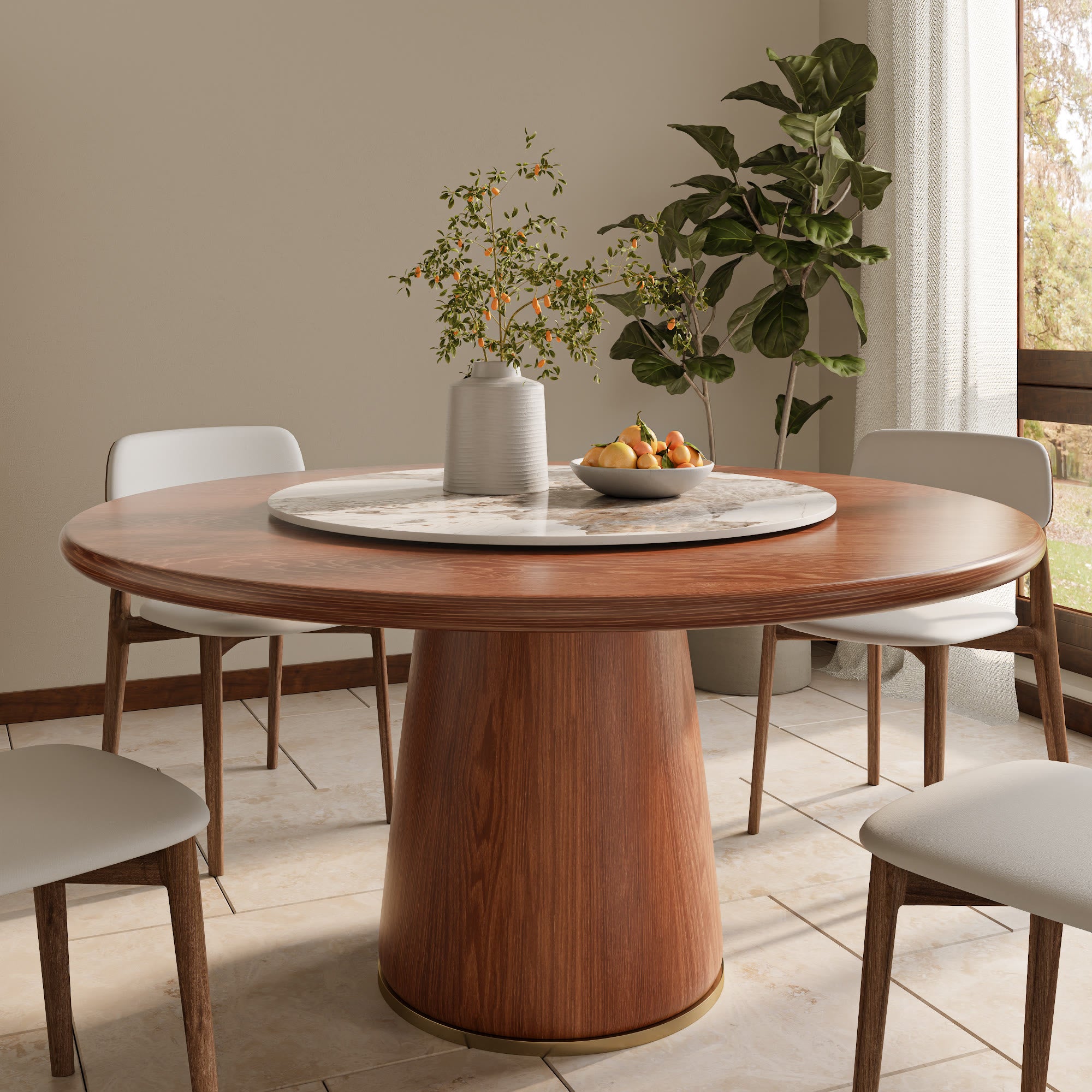 Maris Walnut Round Solid Wood Pedestal Dining Table with Pandora Stone Lazy Susan - 59.05'' W X 59.05'' D X 29.53'' H - image 0