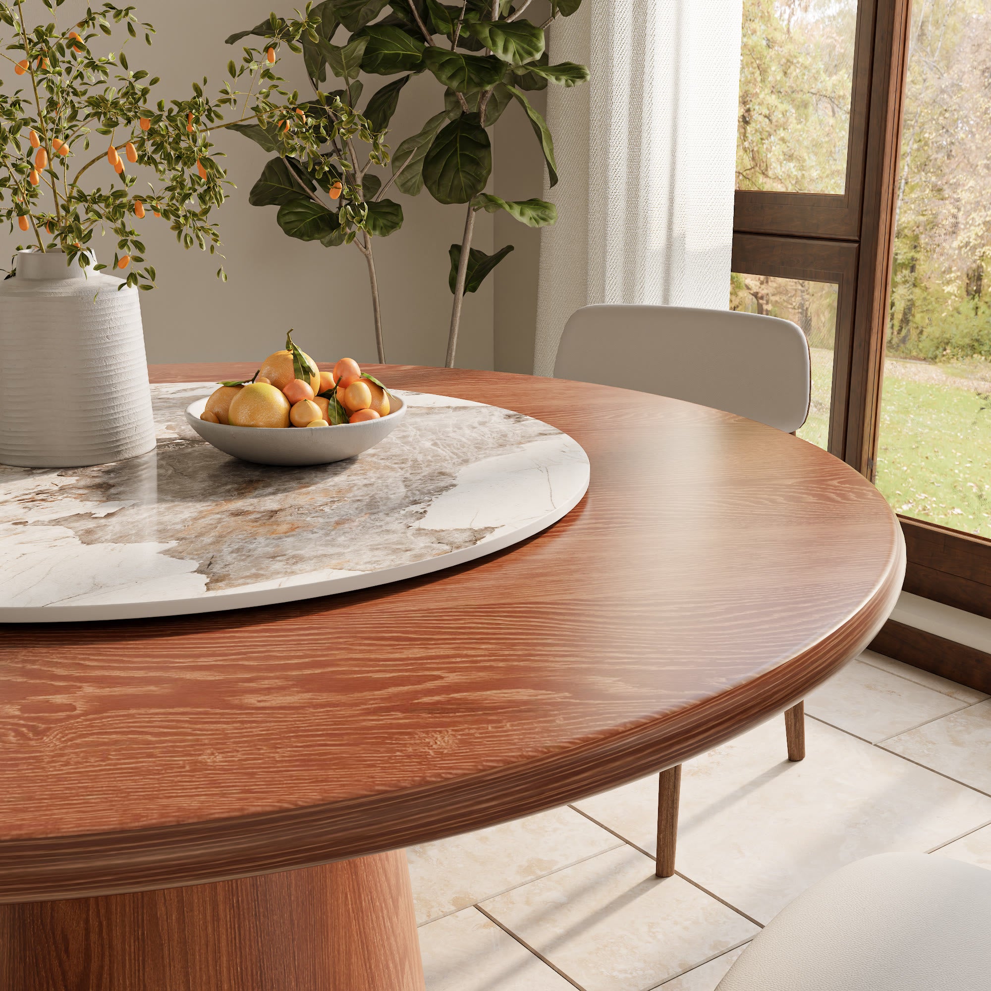 Maris Walnut Round Solid Wood Pedestal Dining Table with Pandora Stone Lazy Susan - image 3