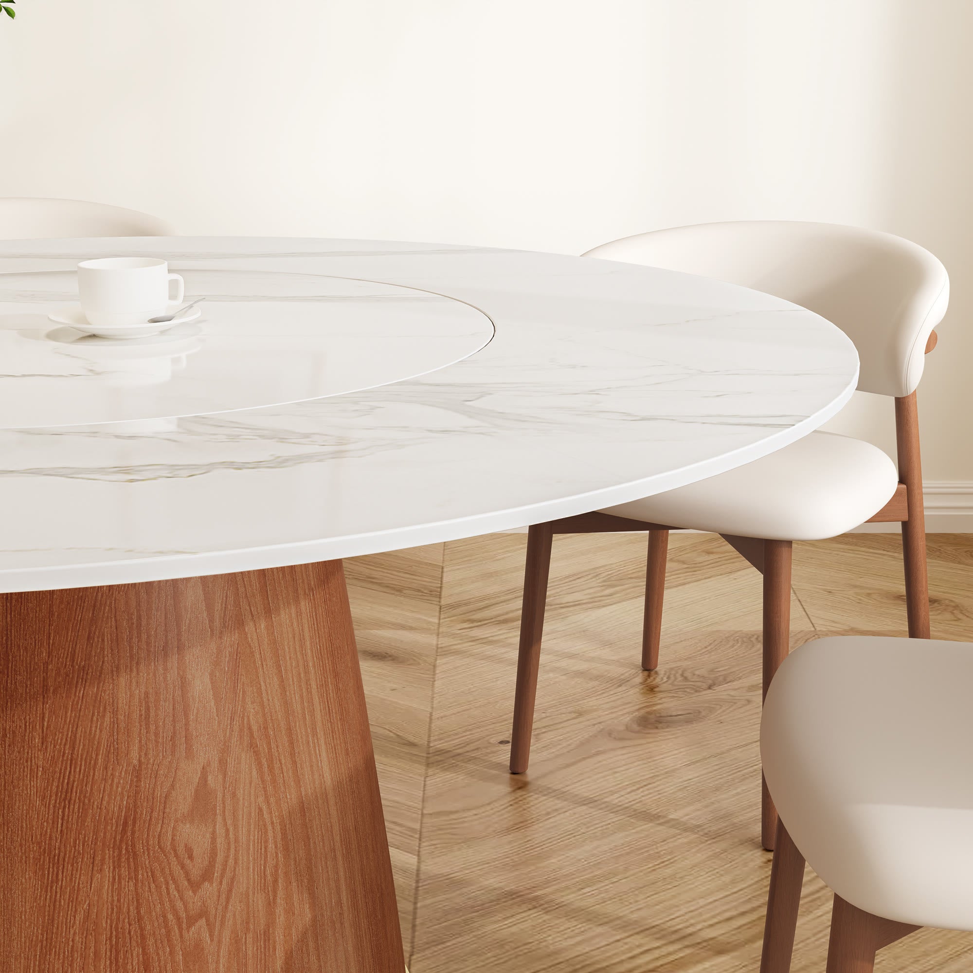 Maris Walnut Round Solid Wood Pedestal Dining Table with Snow White Stone Top and Built-In Lazy Susan - image 7