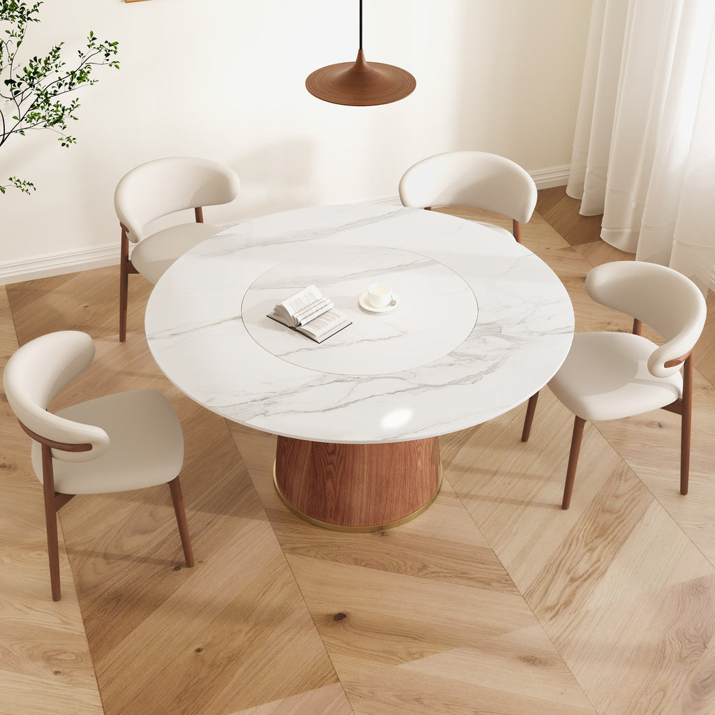 Maris Walnut Round Solid Wood Pedestal Dining Table with Snow White Stone Top and Built-In Lazy Susan - image 5