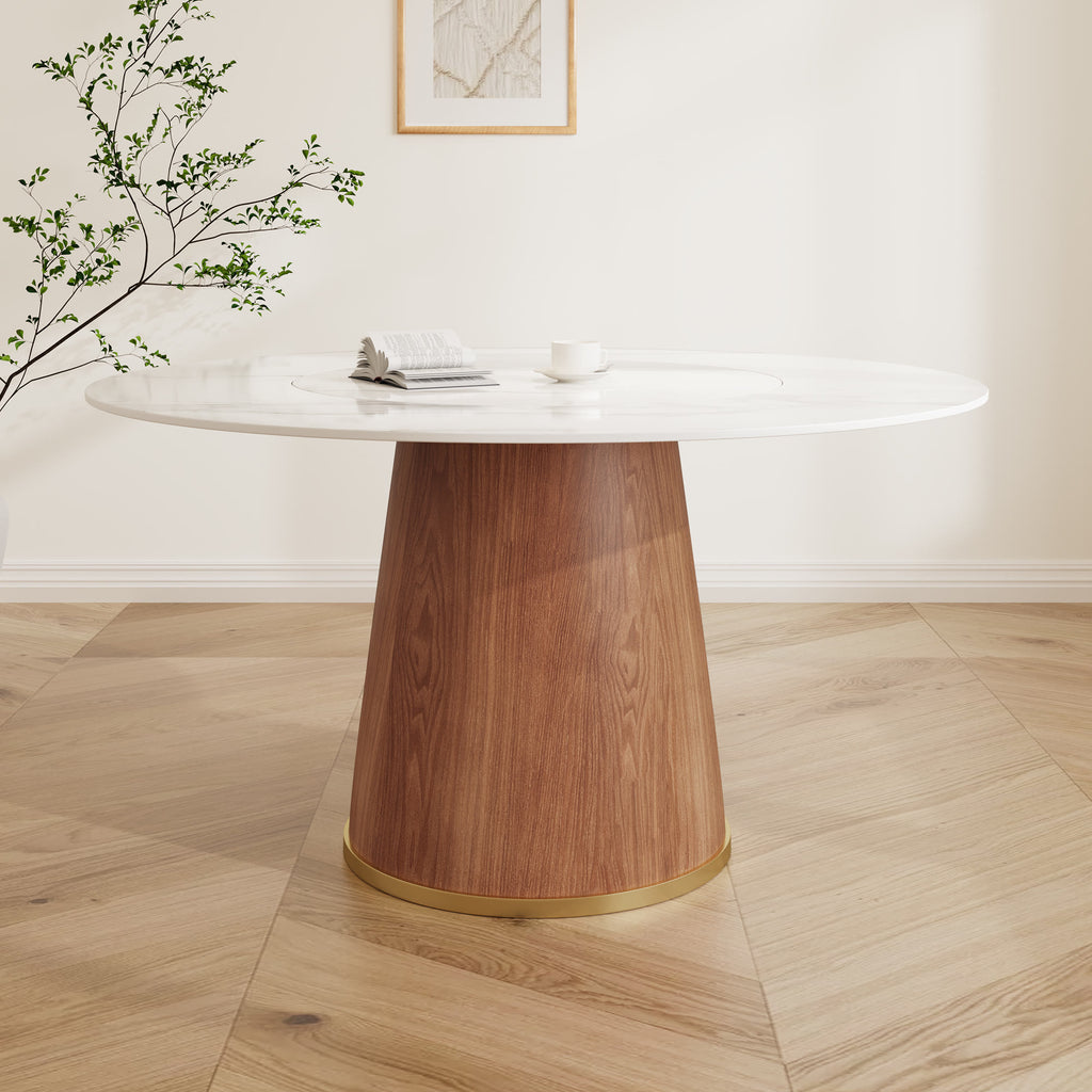 Maris Walnut Round Solid Wood Pedestal Dining Table with Snow White Stone Top and Built-In Lazy Susan - image 3