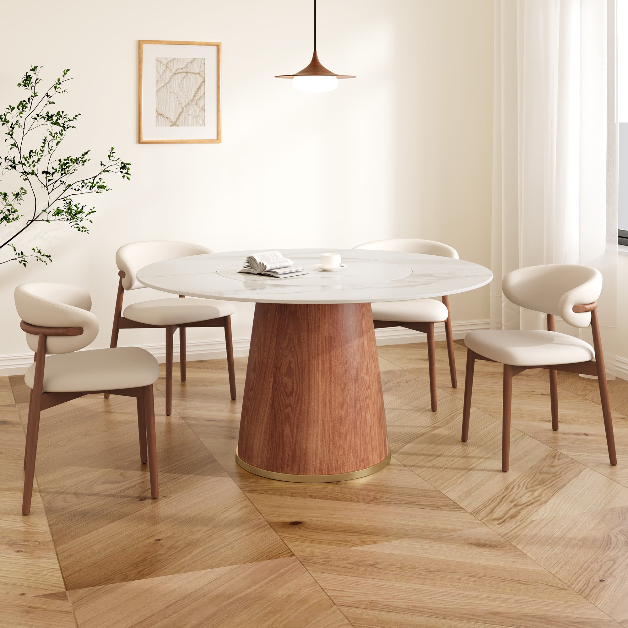 Maris Walnut Round Solid Wood Pedestal Dining Table with Snow White Stone Top and Built-In Lazy Susan - image 4