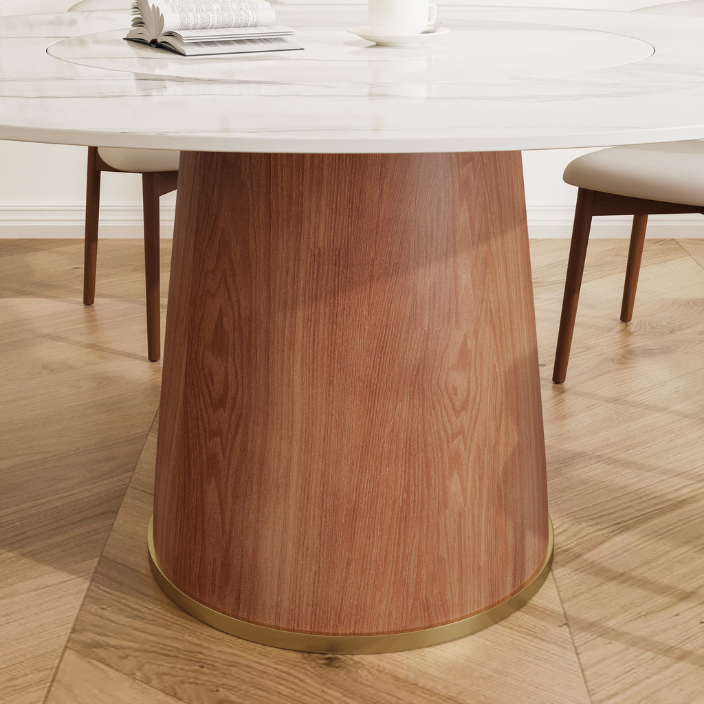 Maris Walnut Round Solid Wood Pedestal Dining Table with Snow White Stone Top and Built-In Lazy Susan - image 2