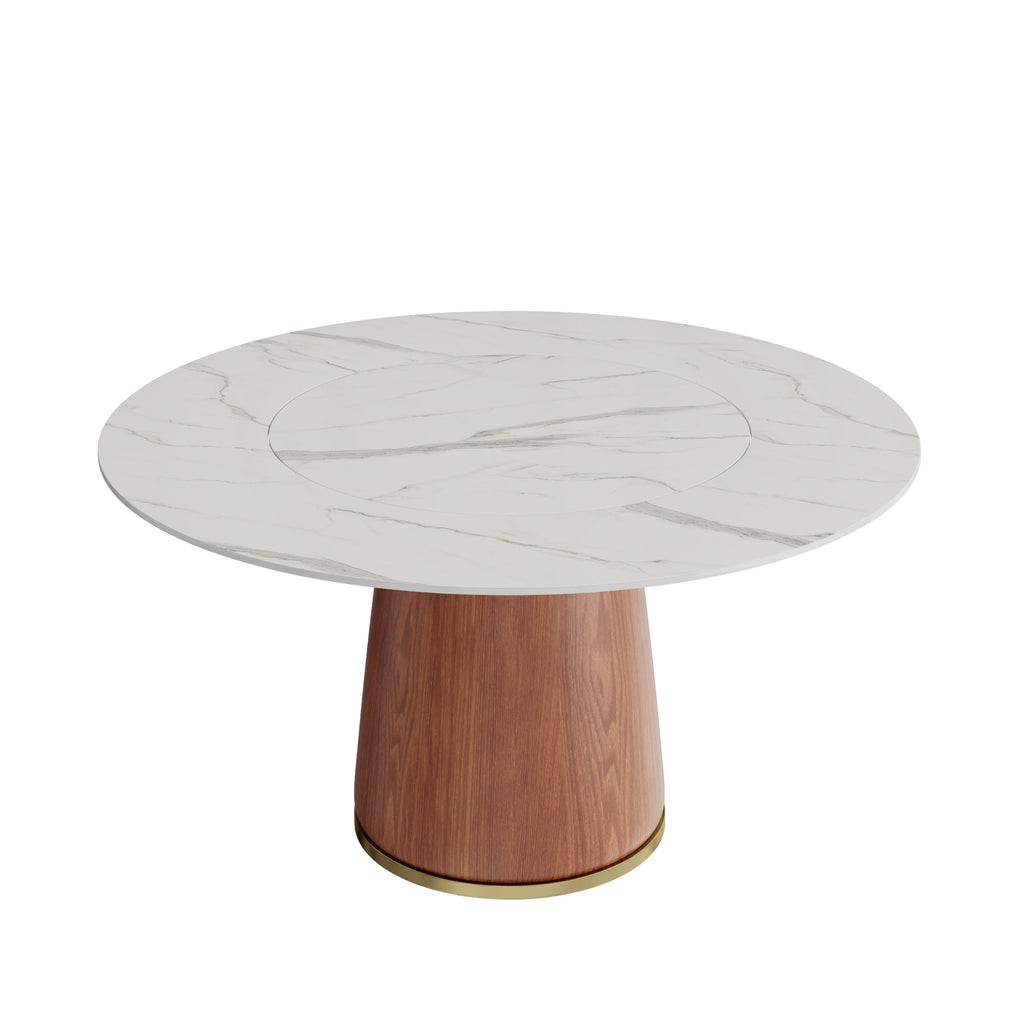 Maris Walnut Round Solid Wood Pedestal Dining Table with Snow White Stone Top and Built-In Lazy Susan - image 1