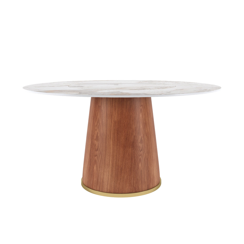 Maris Walnut Round Solid Wood Pedestal Dining Table with Pandora Stone Top and Built-In Lazy Susan - image 1