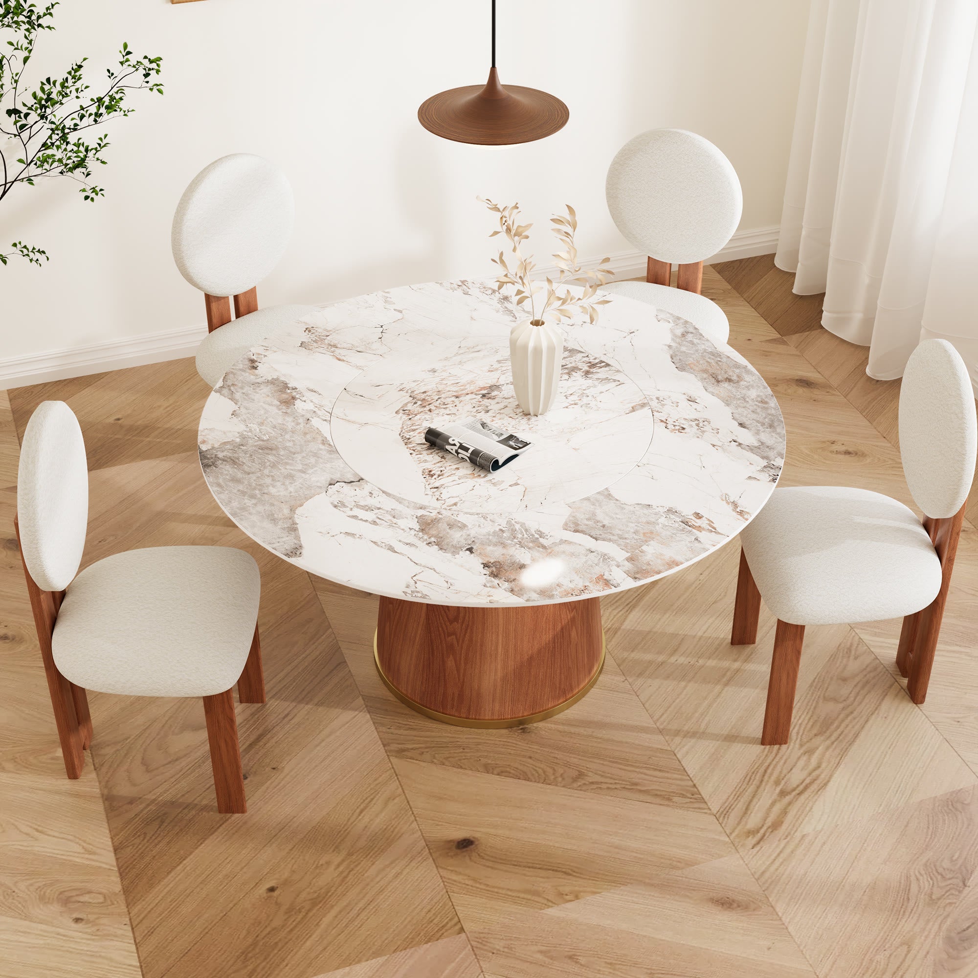 Maris Walnut Round Solid Wood Pedestal Dining Table with Pandora Stone Top and Built-In Lazy Susan - image 4