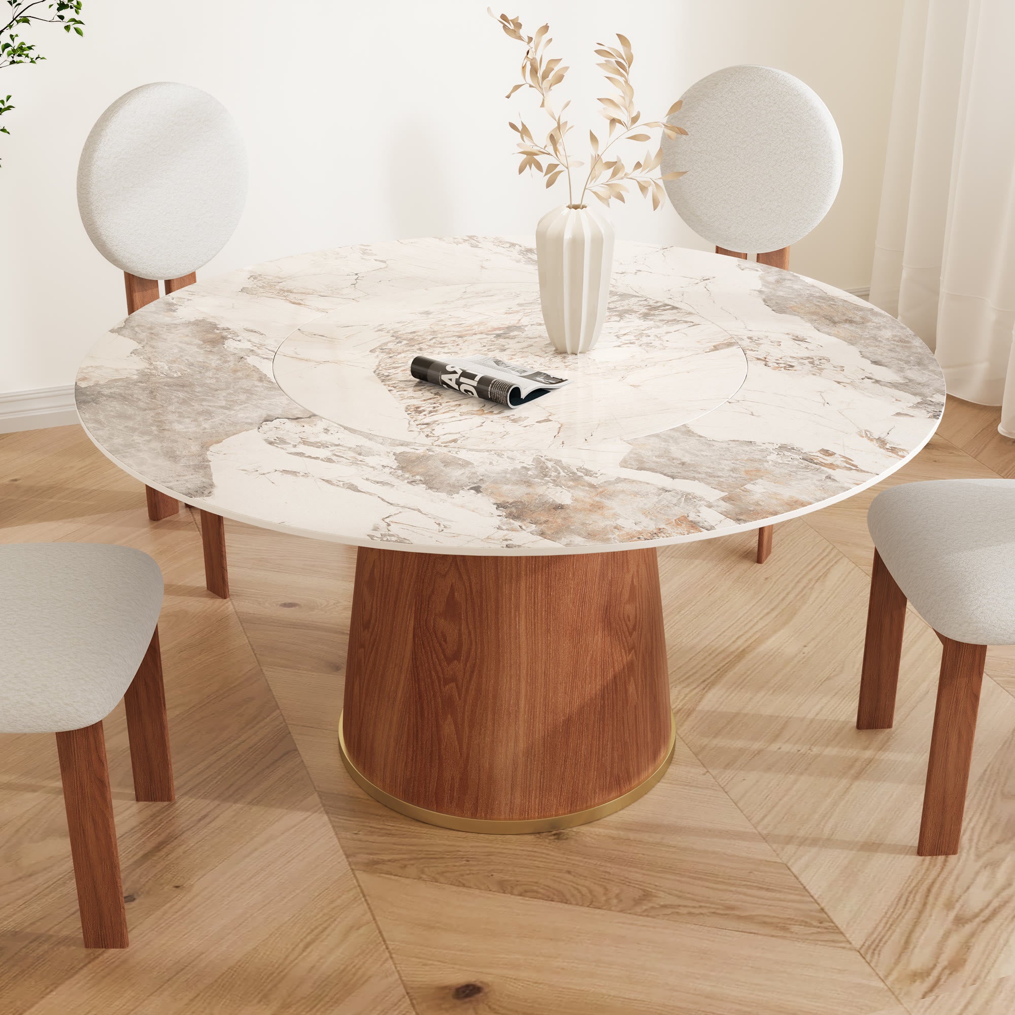 Maris Walnut Round Solid Wood Pedestal Dining Table with Pandora Stone Top and Built-In Lazy Susan - 53.15'' W X 53.15'' D X 29.53'' H - image 0