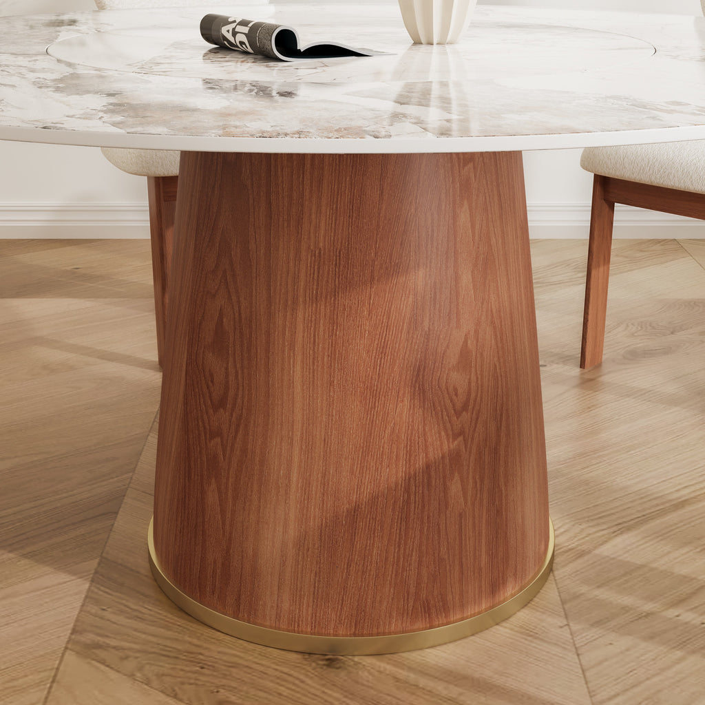 Maris Walnut Round Solid Wood Pedestal Dining Table with Pandora Stone Top and Built-In Lazy Susan - image 2