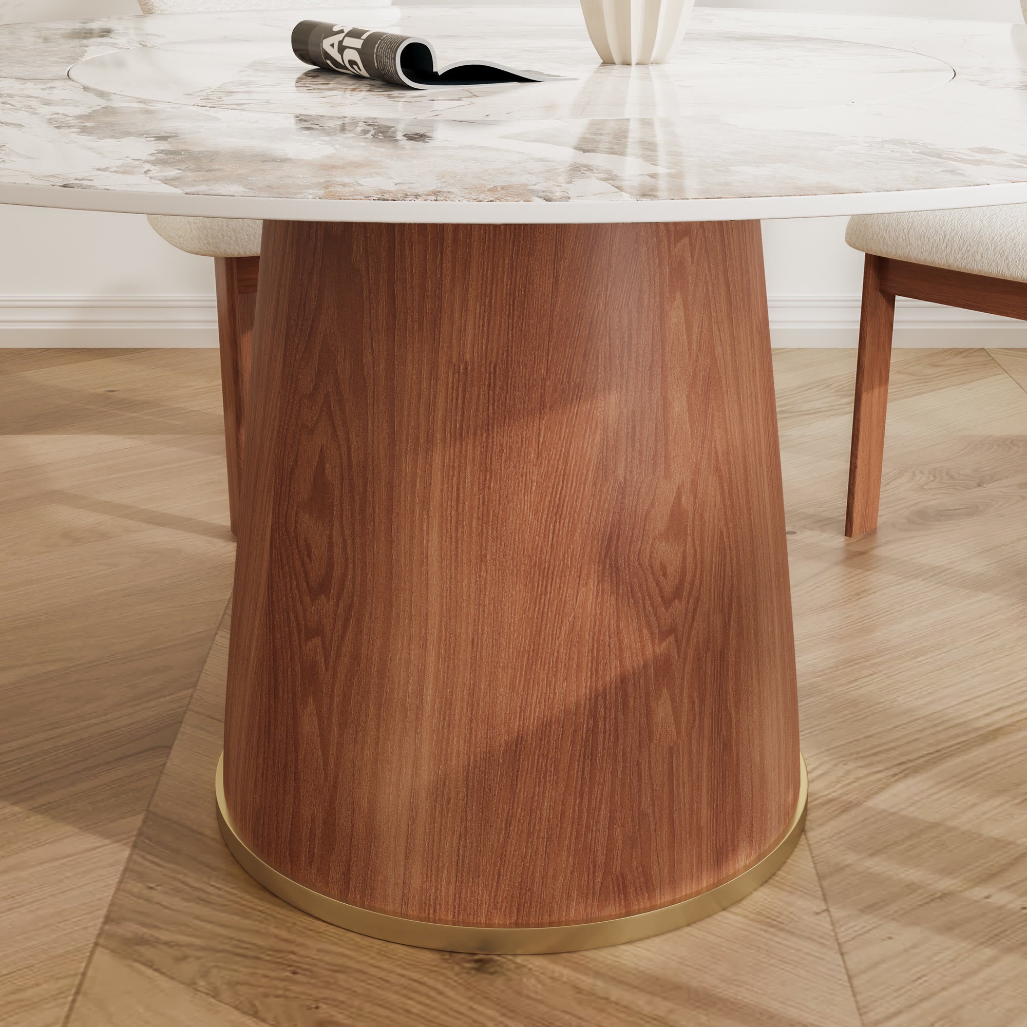 Maris Walnut Round Solid Wood Pedestal Dining Table with Pandora Stone Top and Built-In Lazy Susan - image 2