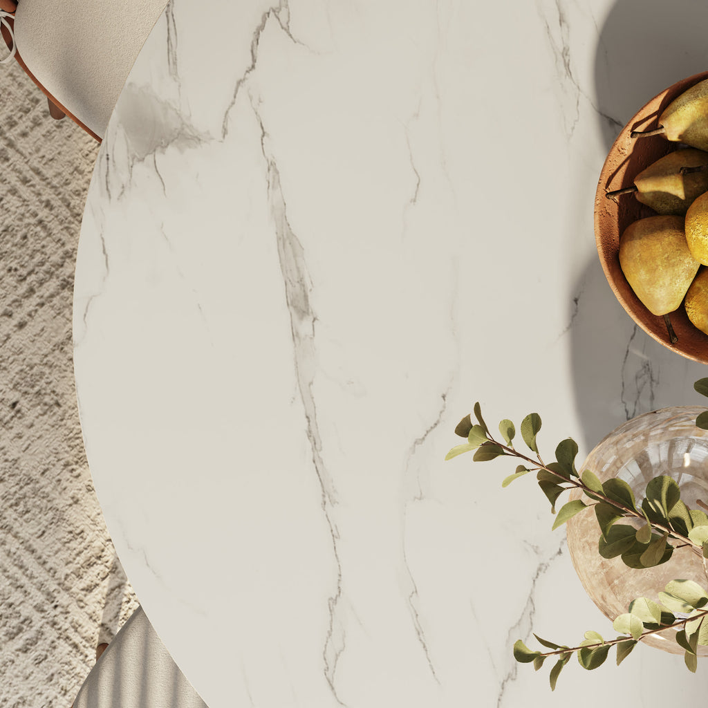 Calen Round Solid Wood Pedestal Dining Table with Snow White Stone Top - image 7