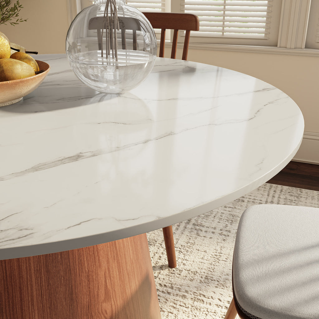 Calen Round Solid Wood Pedestal Dining Table with Snow White Stone Top - image 2