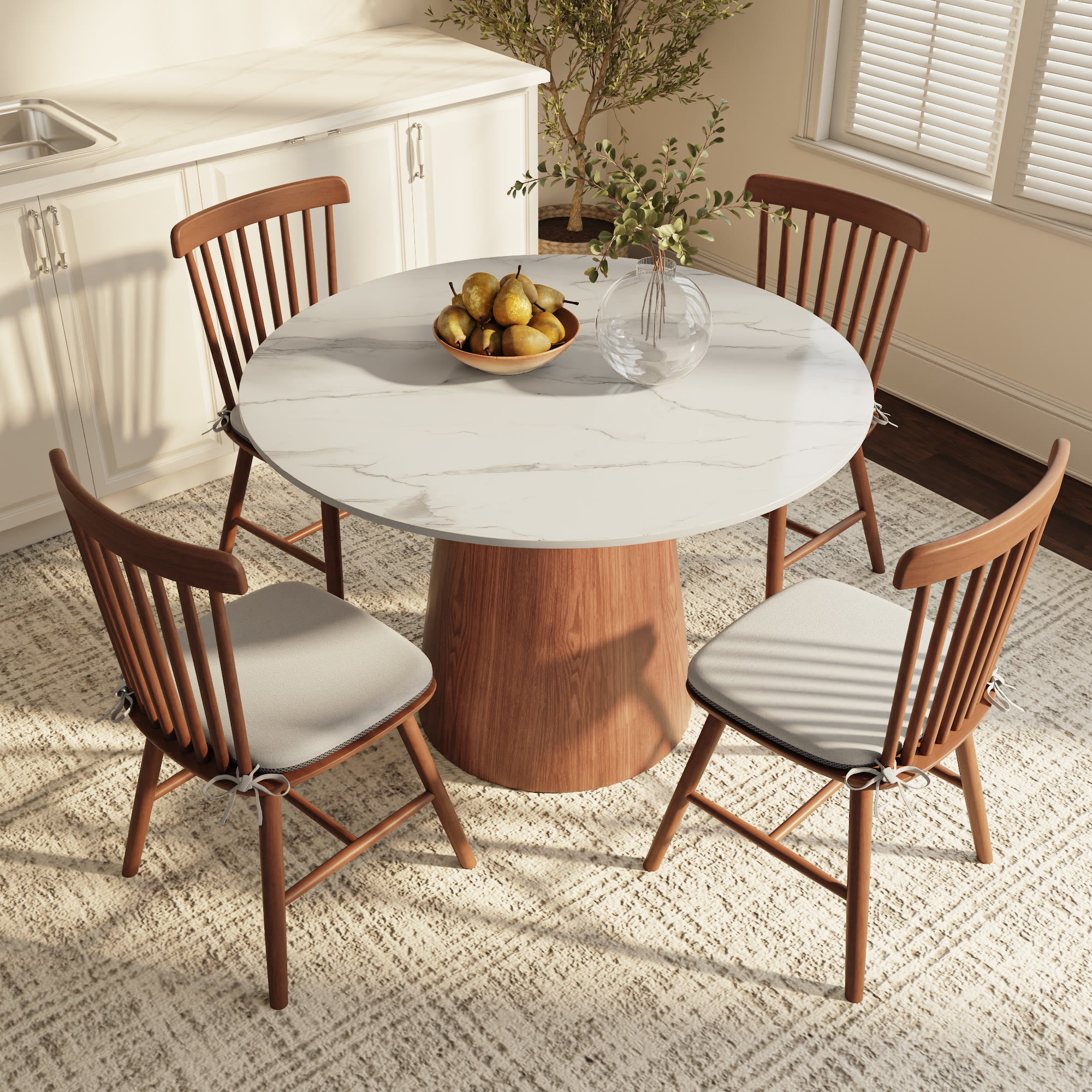 Calen Round Solid Wood Pedestal Dining Table with Snow White Stone Top - image 4