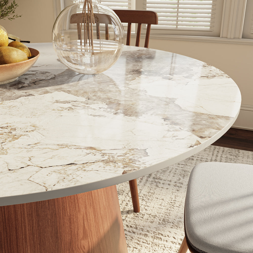 Calen Round Solid Wood Pedestal Dining Table with Pandora Stone Top - image 2