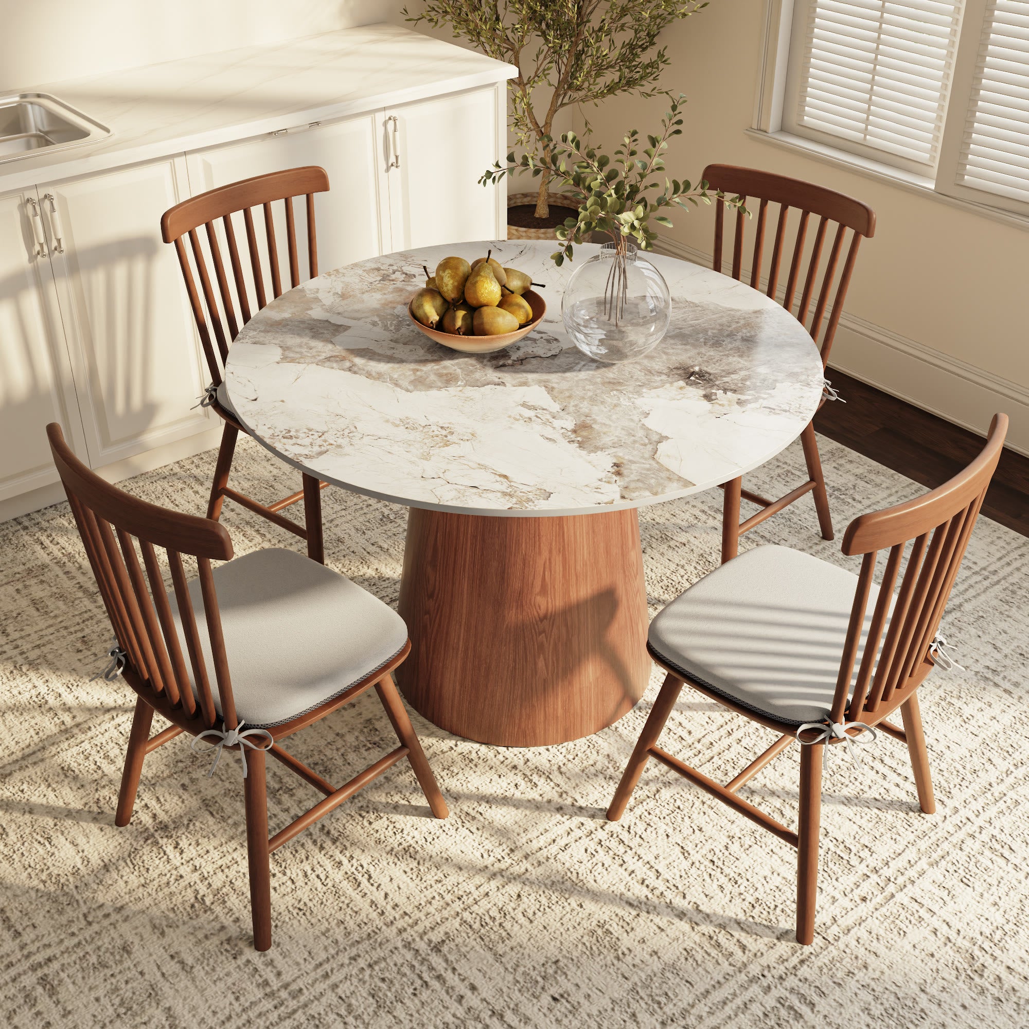 Calen Round Solid Wood Pedestal Dining Table with Pandora Stone Top - image 4