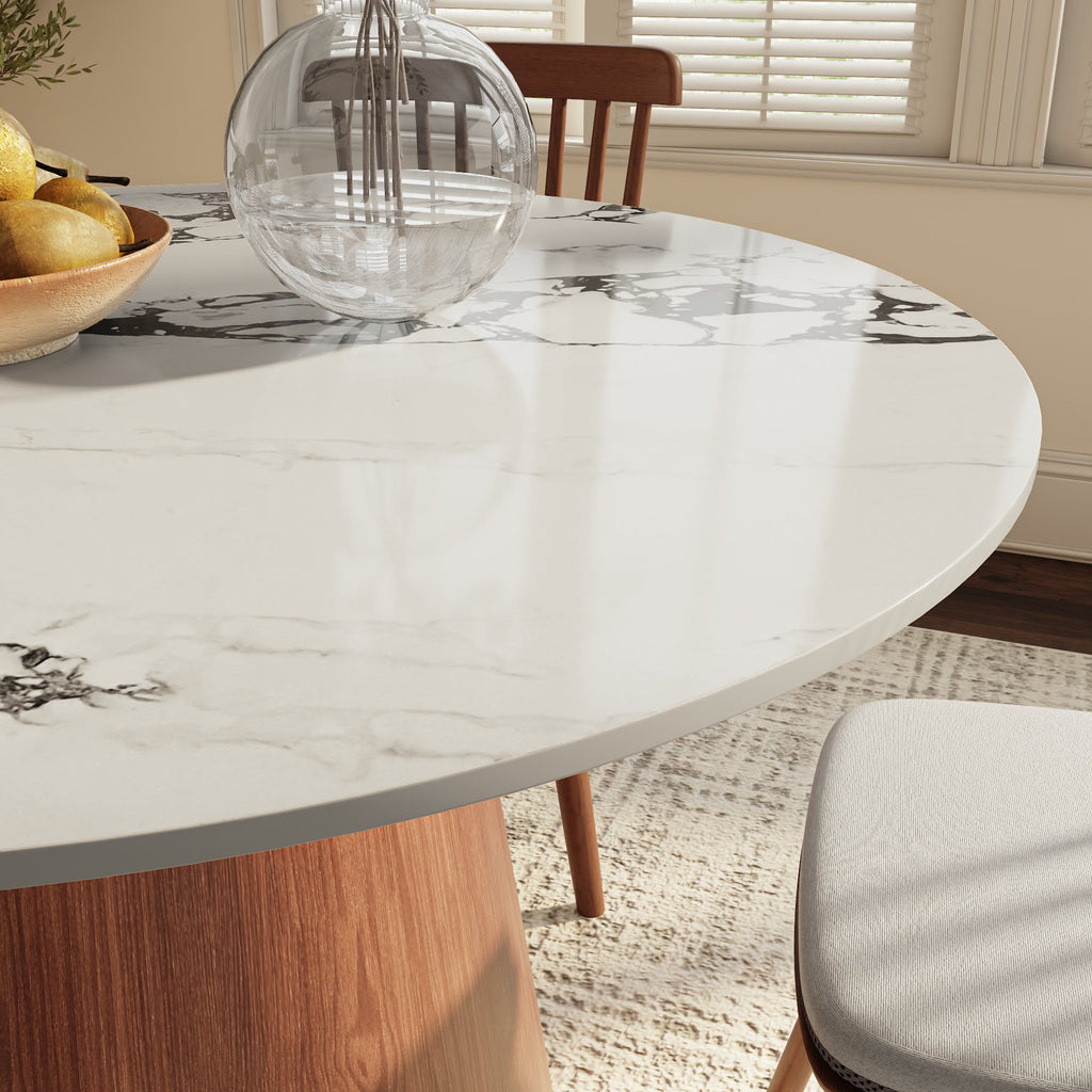 Calen Round Solid Wood Pedestal Dining Table with Black Veined Stone Top - image 2