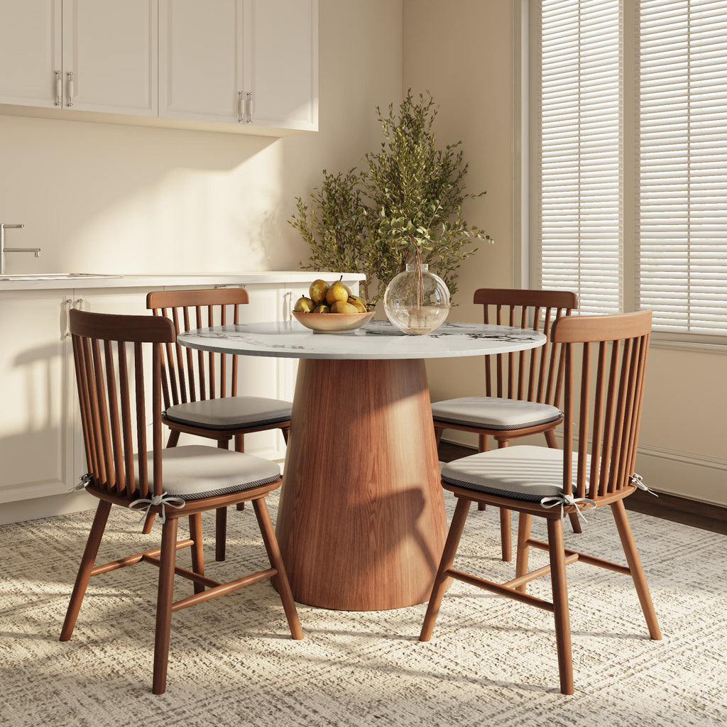 Calen Round Solid Wood Pedestal Dining Table with Black Veined Stone Top - image 3