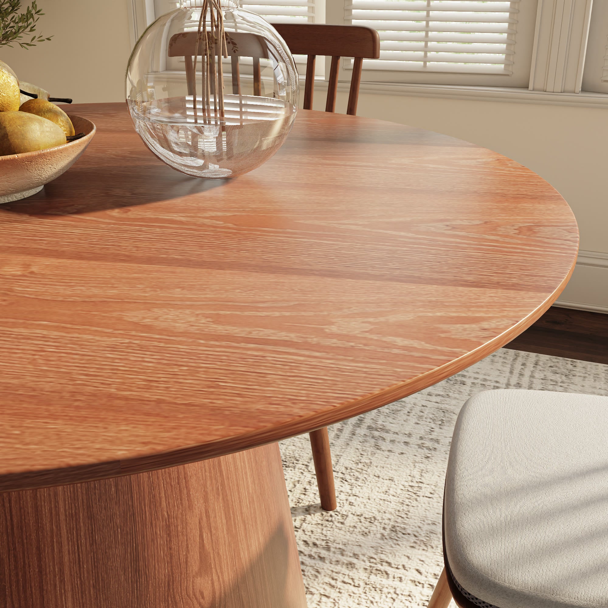 Calen Walnut-Tone Round Wood Pedestal Dining Table with Sculptural Column Base - image 2