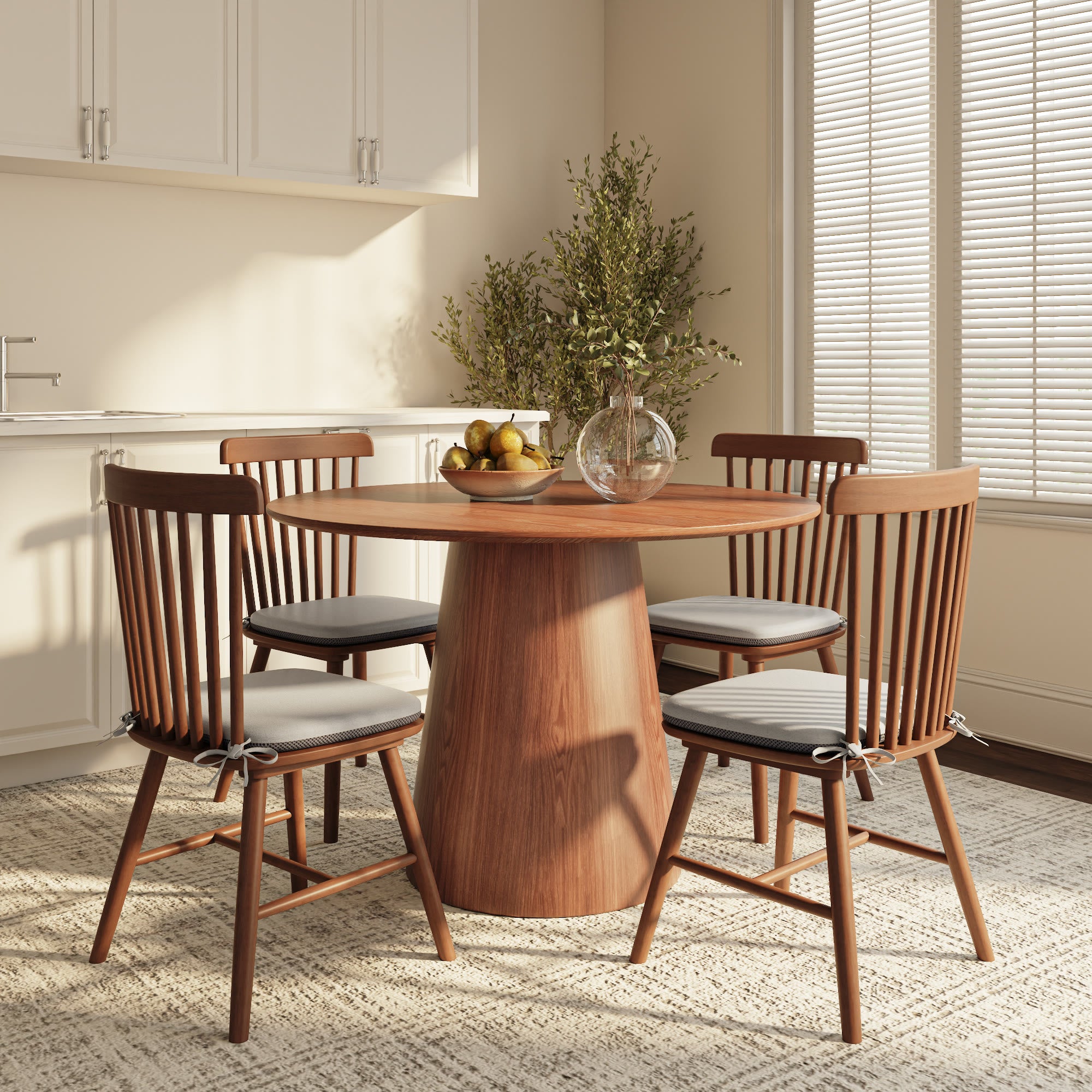 Calen Walnut-Tone Round Wood Pedestal Dining Table with Sculptural Column Base - image 3