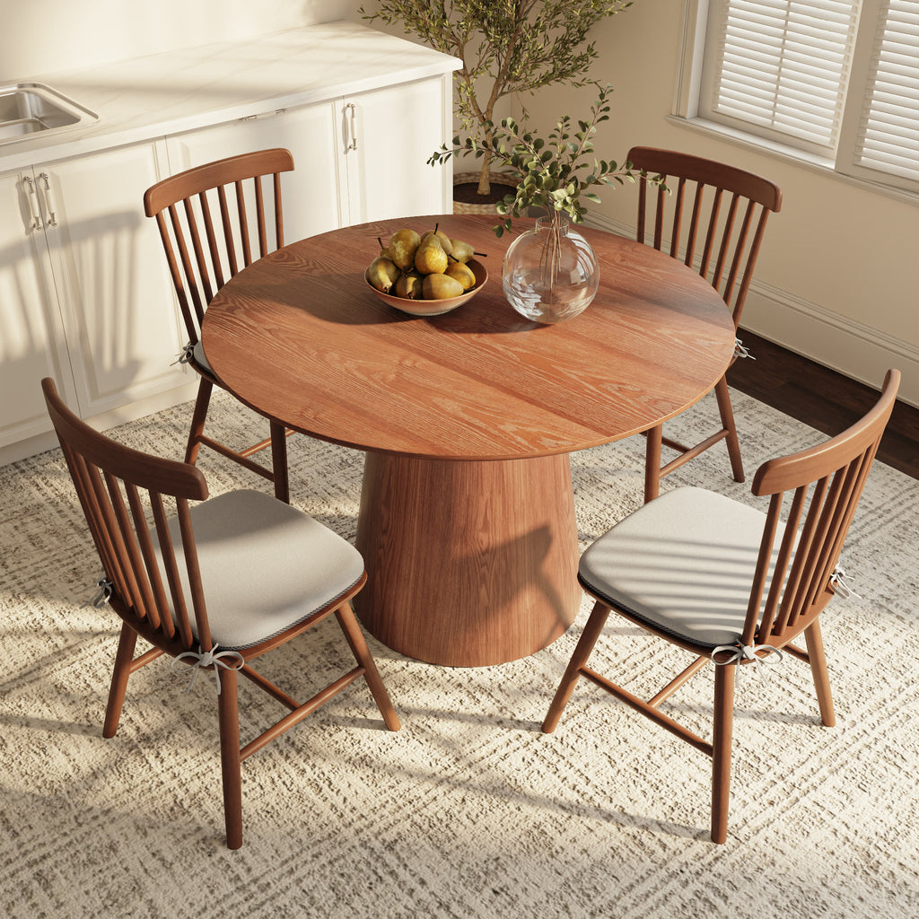 Calen Walnut-Tone Round Wood Pedestal Dining Table with Sculptural Column Base - image 4