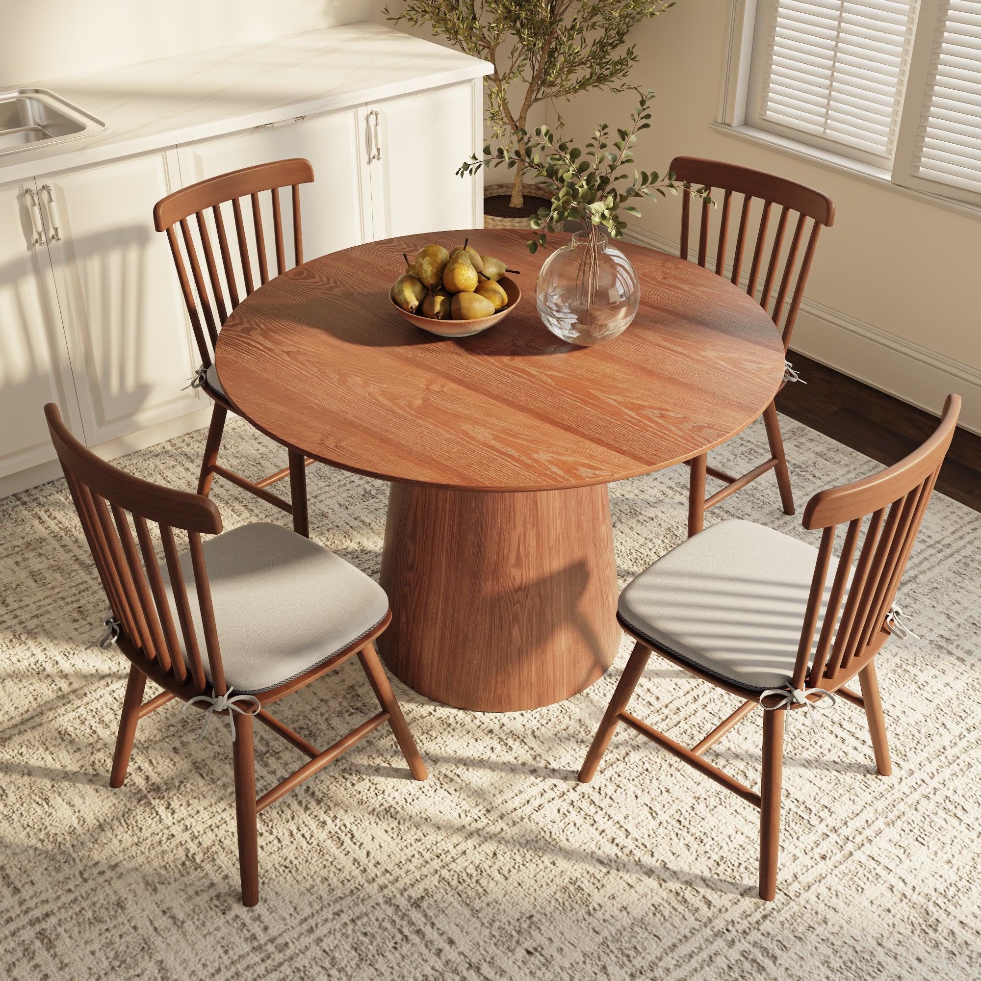 Calen Walnut-Tone Round Wood Pedestal Dining Table with Sculptural Column Base - image 4