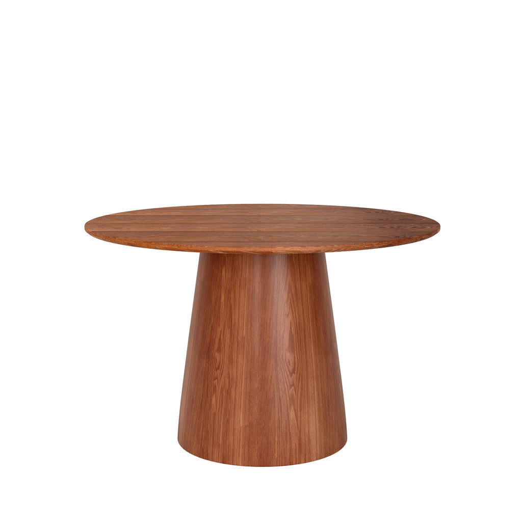 Calen Walnut-Tone Round Wood Pedestal Dining Table with Sculptural Column Base - image 1