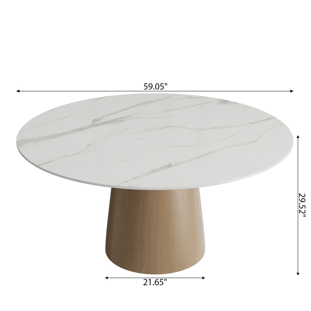 Calen Natural Oak Solid Wood Pedestal Dining Table with Snow White Stone Top - image 8