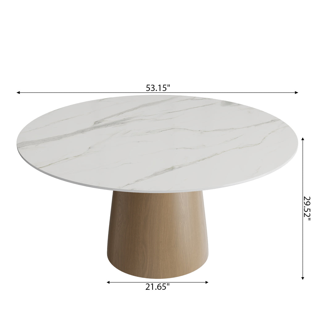 Calen Natural Oak Solid Wood Pedestal Dining Table with Snow White Stone Top - image 7