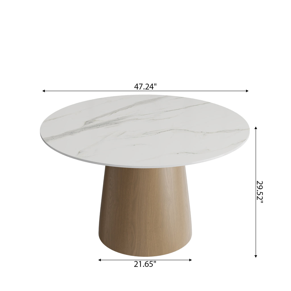 Calen Natural Oak Solid Wood Pedestal Dining Table with Snow White Stone Top - image 6