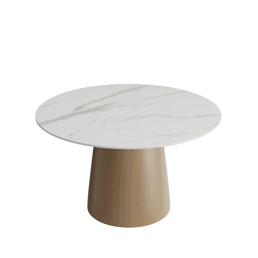 Calen Natural Oak Solid Wood Pedestal Dining Table with Snow White Stone Top - image 1