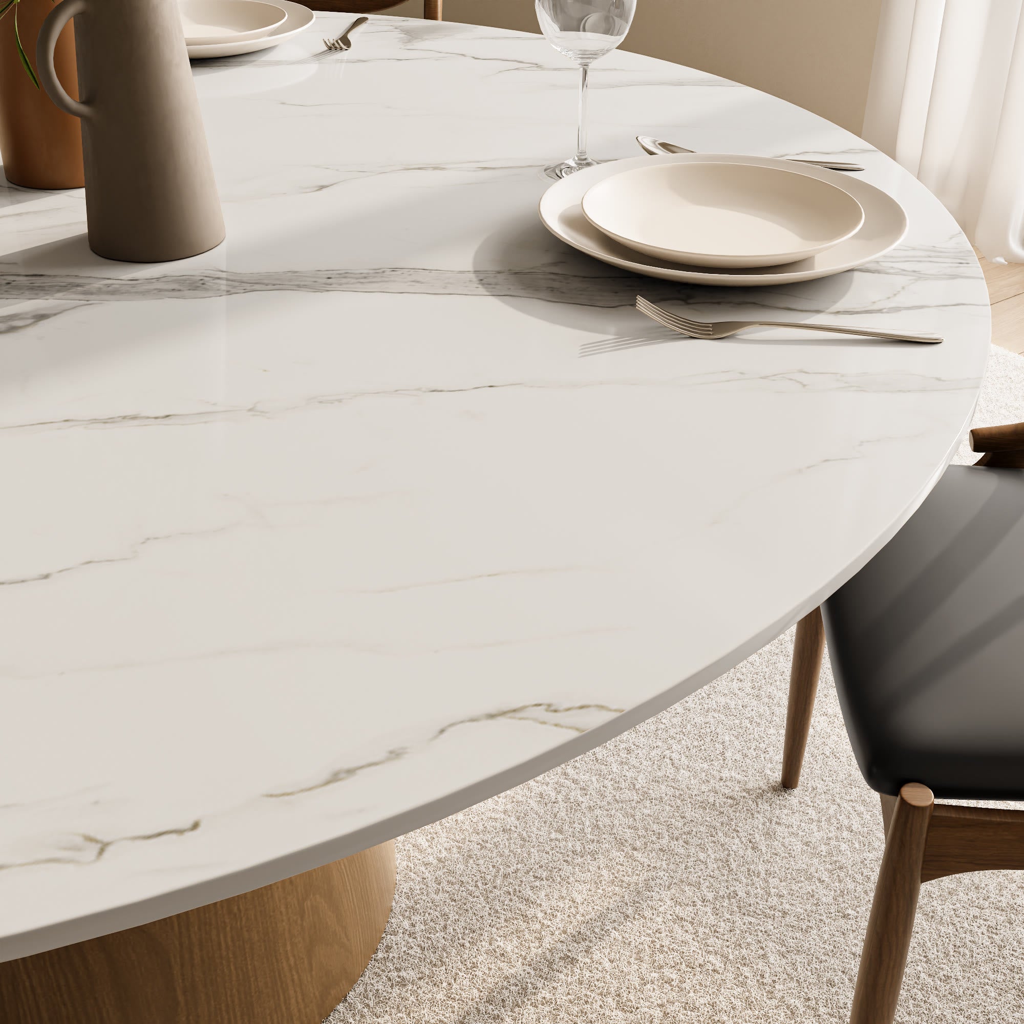 Calen Natural Oak Solid Wood Pedestal Dining Table with Snow White Stone Top - image 2