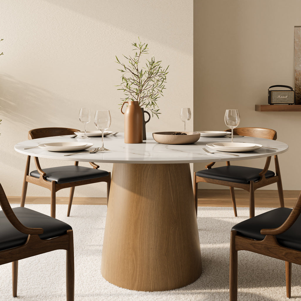 Calen Natural Oak Solid Wood Pedestal Dining Table with Snow White Stone Top - 59.05'' W X 59.05'' D X 29.53'' H - image 0