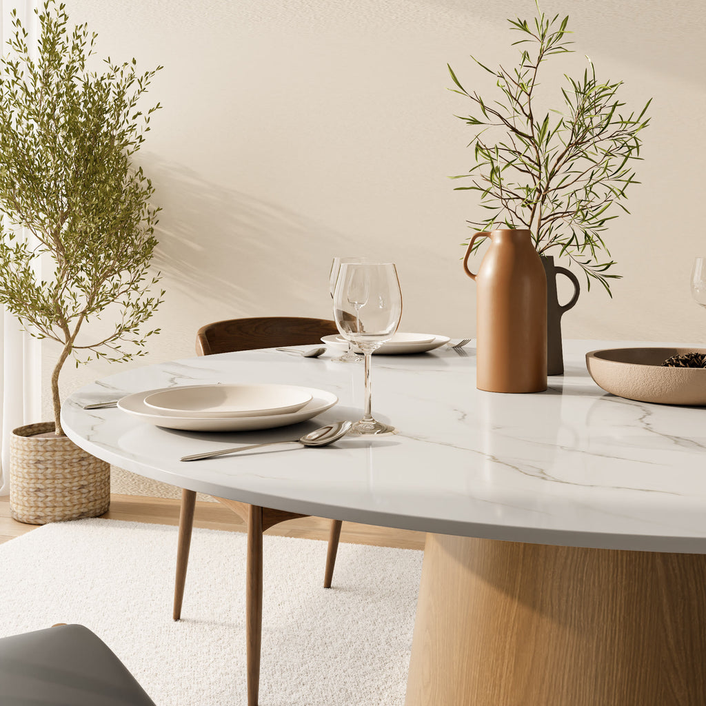 Calen Natural Oak Solid Wood Pedestal Dining Table with Snow White Stone Top - image 3