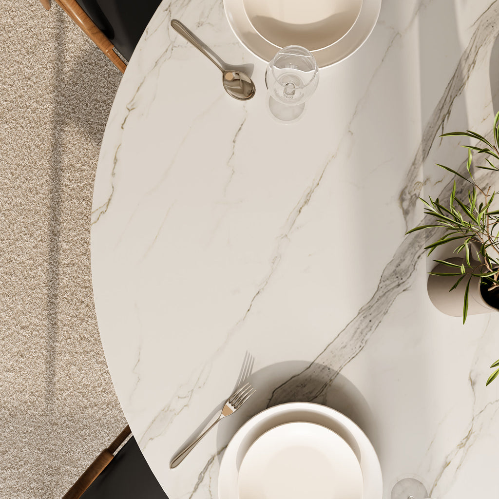 Calen Natural Oak Solid Wood Pedestal Dining Table with Snow White Stone Top - image 9