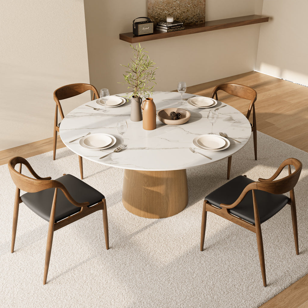 Calen Natural Oak Solid Wood Pedestal Dining Table with Snow White Stone Top - image 5