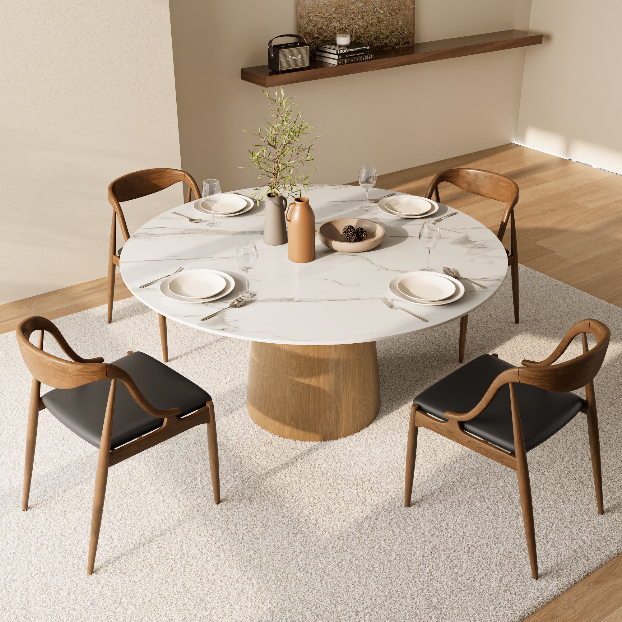 Calen Natural Oak Solid Wood Pedestal Dining Table with Snow White Stone Top - image 5