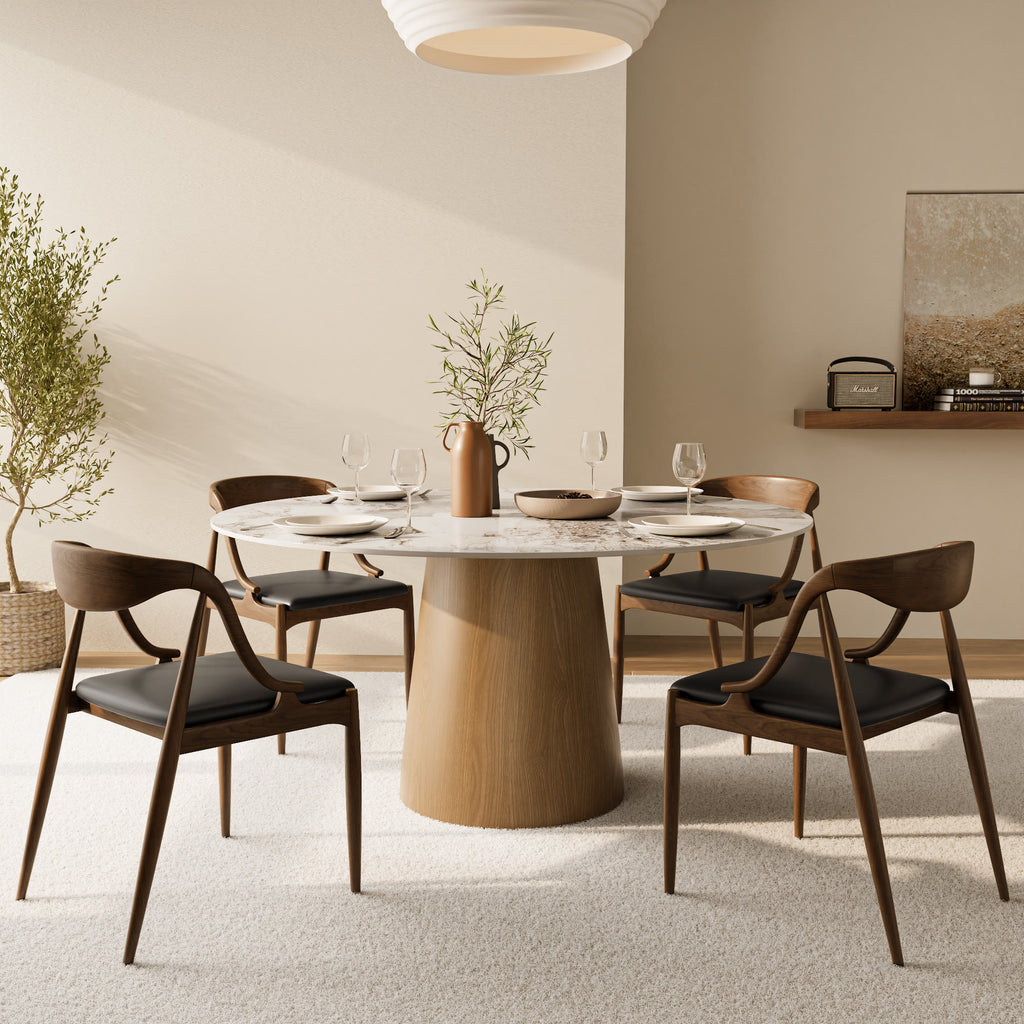 Calen Natural Oak Solid Wood Pedestal Dining Table with Pandora Stone Top - image 4