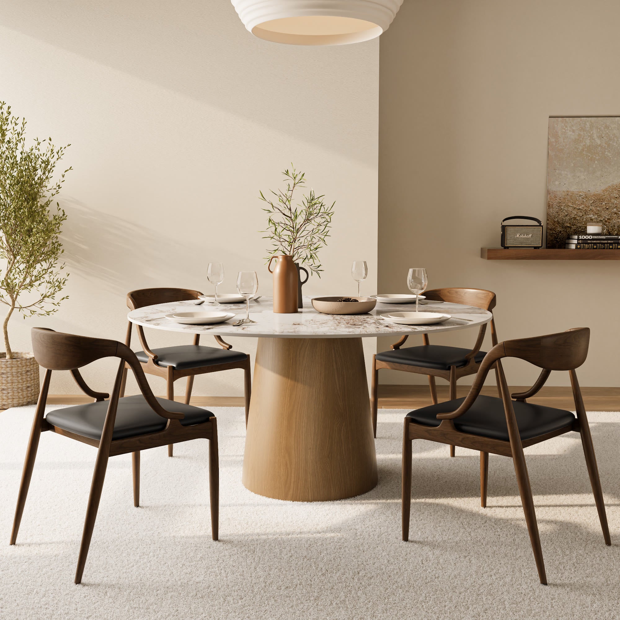 Calen Natural Oak Solid Wood Pedestal Dining Table with Pandora Stone Top - image 4