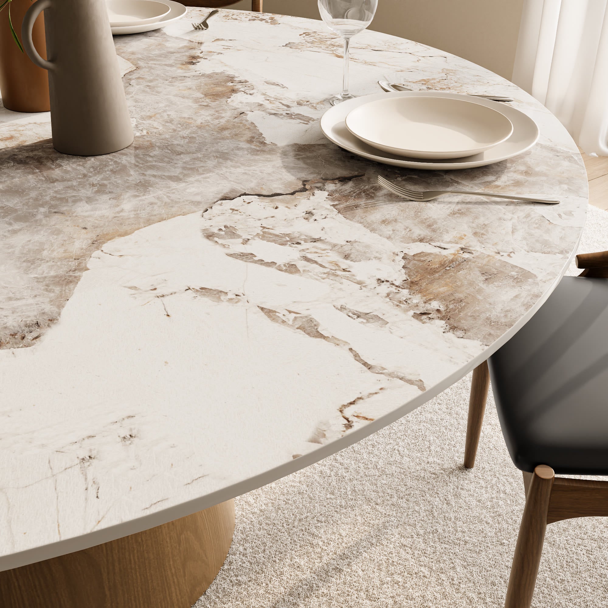 Calen Natural Oak Solid Wood Pedestal Dining Table with Pandora Stone Top - image 2