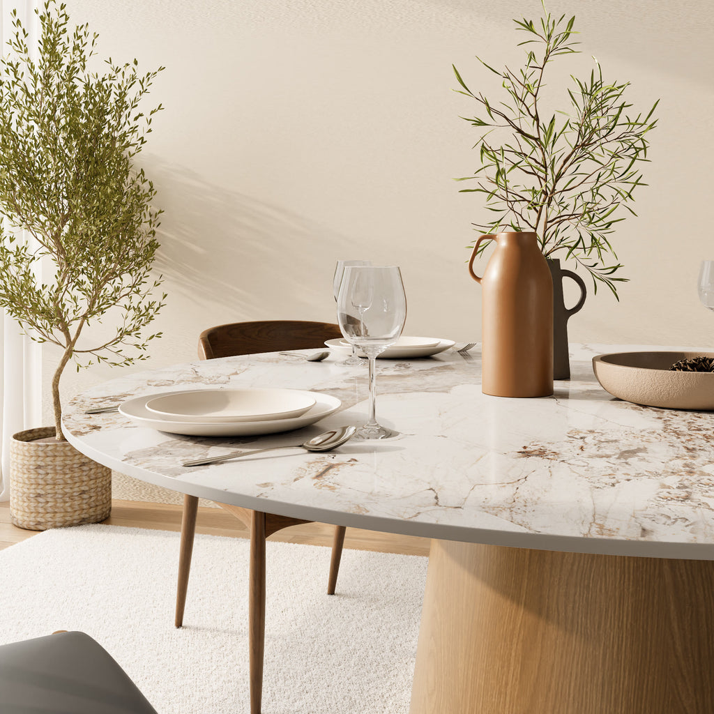 Calen Natural Oak Solid Wood Pedestal Dining Table with Pandora Stone Top - image 3